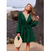imagePRETTYGARDEN Womens 2024 Casual Fall Dress Long Sleeve Lace Trim V Neck Belted Short A Line Flowy Dress Dark GreenLarge