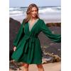 imagePRETTYGARDEN Womens 2024 Casual Fall Dress Long Sleeve Lace Trim V Neck Belted Short A Line Flowy Dress Dark GreenLarge