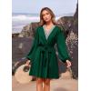 imagePRETTYGARDEN Womens 2024 Casual Fall Dress Long Sleeve Lace Trim V Neck Belted Short A Line Flowy Dress Dark GreenLarge