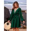 imagePRETTYGARDEN Womens 2024 Casual Fall Dress Long Sleeve Lace Trim V Neck Belted Short A Line Flowy Dress Dark GreenLarge