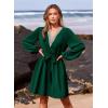 imagePRETTYGARDEN Womens 2024 Casual Fall Dress Long Sleeve Lace Trim V Neck Belted Short A Line Flowy Dress Dark GreenLarge