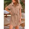 imagePRETTYGARDEN Womens Casual Summer Button Down Shirt Dress Collared V Neck Short Sleeve Belted Pocket Dresses BrownMedium
