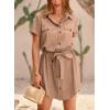 imagePRETTYGARDEN Womens Casual Summer Button Down Shirt Dress Collared V Neck Short Sleeve Belted Pocket Dresses BrownMedium