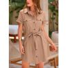 imagePRETTYGARDEN Womens Casual Summer Button Down Shirt Dress Collared V Neck Short Sleeve Belted Pocket Dresses BrownMedium