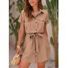 imagePRETTYGARDEN Womens Casual Summer Button Down Shirt Dress Collared V Neck Short Sleeve Belted Pocket Dresses BrownMedium