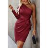 imagePRETTYGARDEN Womens Fall Fashion One Shoulder Long Sleeve Bodycon Dresses Ruched Irregular Hem Mini Dress Long Sleeve Wine RedSmall