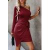 imagePRETTYGARDEN Womens Fall Fashion One Shoulder Long Sleeve Bodycon Dresses Ruched Irregular Hem Mini Dress Long Sleeve Wine RedSmall