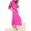 imagePRETTYGARDEN Womens Maxi Shirt Dress Casual 34 Sleeve Button Down Lapel V Neck A Line Belted Long Dresses Rose RedSmall
