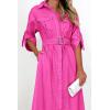 imagePRETTYGARDEN Womens Maxi Shirt Dress Casual 34 Sleeve Button Down Lapel V Neck A Line Belted Long Dresses Rose RedSmall