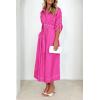 imagePRETTYGARDEN Womens Maxi Shirt Dress Casual 34 Sleeve Button Down Lapel V Neck A Line Belted Long Dresses Rose RedSmall