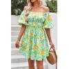 imagePRETTYGARDEN Womens Off The Shoulder Babydoll Dress Short Puff Sleeve Casual A Line Ruffle Summer Dresses Floral Grass GreenSmall