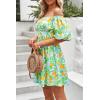 imagePRETTYGARDEN Womens Off The Shoulder Babydoll Dress Short Puff Sleeve Casual A Line Ruffle Summer Dresses Floral Grass GreenSmall