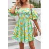 imagePRETTYGARDEN Womens Off The Shoulder Babydoll Dress Short Puff Sleeve Casual A Line Ruffle Summer Dresses Floral Grass GreenSmall