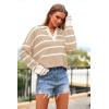 imagePRETTYGARDEN Womens Pullover Striped Sweaters Casual Collared V Neck Long Sleeve Ribbed Knit Loose Blouse Top Light KhakiSmall
