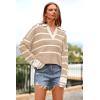 imagePRETTYGARDEN Womens Pullover Striped Sweaters Casual Collared V Neck Long Sleeve Ribbed Knit Loose Blouse Top Light KhakiSmall