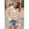 imagePRETTYGARDEN Womens Pullover Striped Sweaters Casual Collared V Neck Long Sleeve Ribbed Knit Loose Blouse Top Light KhakiSmall