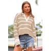 imagePRETTYGARDEN Womens Pullover Striped Sweaters Casual Collared V Neck Long Sleeve Ribbed Knit Loose Blouse Top Light KhakiSmall