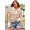 imagePRETTYGARDEN Womens Pullover Striped Sweaters Casual Collared V Neck Long Sleeve Ribbed Knit Loose Blouse Top Light KhakiSmall