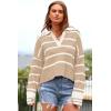 imagePRETTYGARDEN Womens Pullover Striped Sweaters Casual Collared V Neck Long Sleeve Ribbed Knit Loose Blouse Top Light KhakiSmall