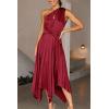 imagePRETTYGARDEN Womens Summer Long Satin Dress One Shoulder Sleeveless Ruched Twist Flowy Maxi DressesWine Red