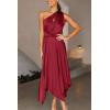 imagePRETTYGARDEN Womens Summer Long Satin Dress One Shoulder Sleeveless Ruched Twist Flowy Maxi DressesWine Red