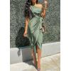 imagePRETTYGARDEN Womens Summer One Shoulder Ruched Satin Dress Sleeveless Wrap Spring Wedding Guest Cocktail Midi DressArmy Green