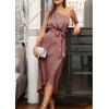 imagePRETTYGARDEN Womens Summer One Shoulder Ruched Satin Dress Sleeveless Wrap Spring Wedding Guest Cocktail Midi DressBrown Red