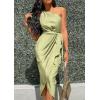 imagePRETTYGARDEN Womens Summer One Shoulder Ruched Satin Dress Sleeveless Wrap Spring Wedding Guest Cocktail Midi DressLight Green