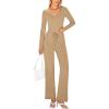 imagePRETTYGARDEN Two Piece Sets For Women Long Sleeve V Neck Crop Tops Flare Pants Lounge Set Casual Outfits KhakiMedium