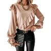 imagePRETTYGARDEN Womens 2023 Spring Clothes Ruffle Trim Shirts Long Sleeve Round Neck Casual Plain Tops Blouse ApricotMedium