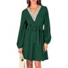 imagePRETTYGARDEN Womens 2024 Casual Fall Dress Long Sleeve Lace Trim V Neck Belted Short A Line Flowy Dress Dark GreenLarge
