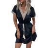 imagePRETTYGARDEN Womens Casual Summer Dresses Trimmed Short Sleeve V Neck Tie Front Flowy Dress BlackLarge