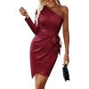 imagePRETTYGARDEN Womens Fall Fashion One Shoulder Long Sleeve Bodycon Dresses Ruched Irregular Hem Mini Dress Long Sleeve Wine RedSmall