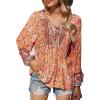 imagePRETTYGARDEN Womens Floral Ruffled Tunic Blouse Tie V Neck Casual Long Sleeve Babydoll Peplum Tops01OrangeLarge