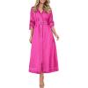 imagePRETTYGARDEN Womens Maxi Shirt Dress Casual 34 Sleeve Button Down Lapel V Neck A Line Belted Long Dresses Rose RedSmall