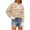 imagePRETTYGARDEN Womens Pullover Striped Sweaters Casual Collared V Neck Long Sleeve Ribbed Knit Loose Blouse Top Light KhakiSmall