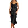 imagePRETTYGARDEN Womens Satin Dress Sleeveless Spaghetti Strap Side Slit Cowl Neck Midi Bodycon Dresses BlackSmall