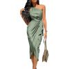 imagePRETTYGARDEN Womens Summer One Shoulder Ruched Satin Dress Sleeveless Wrap Spring Wedding Guest Cocktail Midi DressArmy Green
