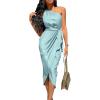 imagePRETTYGARDEN Womens Summer One Shoulder Ruched Satin Dress Sleeveless Wrap Spring Wedding Guest Cocktail Midi DressLight Blue