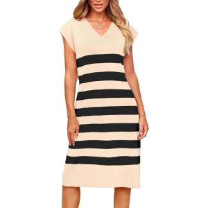 imagePRETTYGARDEN Summer Dress for Women Casual Sleeveless V Neck Striped Short Beach Dresses ApricotMedium