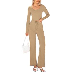 imagePRETTYGARDEN Two Piece Sets For Women Long Sleeve V Neck Crop Tops Flare Pants Lounge Set Casual Outfits KhakiMedium