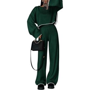 imagePRETTYGARDEN Womens 2 Piece Fall Outfits Long Sleeve Crop Top Wide Leg Pants Knit Pullover Sweater Lounge Set