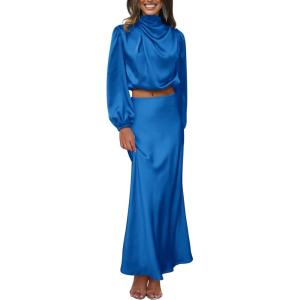 imagePRETTYGARDEN Womens 2 Piece Satin Outfit Long Sleeve Mock Neck Crop Top Blouse High Waisted Maxi Skirt Dress Set