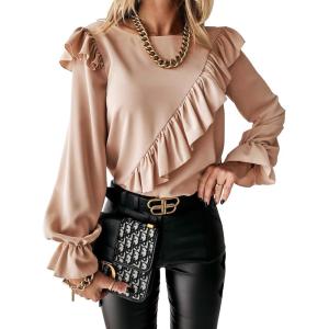 imagePRETTYGARDEN Womens 2023 Spring Clothes Ruffle Trim Shirts Long Sleeve Round Neck Casual Plain Tops Blouse ApricotMedium