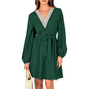 imagePRETTYGARDEN Womens 2024 Casual Fall Dress Long Sleeve Lace Trim V Neck Belted Short A Line Flowy Dress Dark GreenLarge