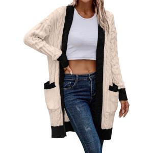 imagePRETTYGARDEN Womens 2024 Fall Cable Knit Cardigan Sweaters Casual Long Sleeve Open Front Loose Outerwear Coats BeigeMedium