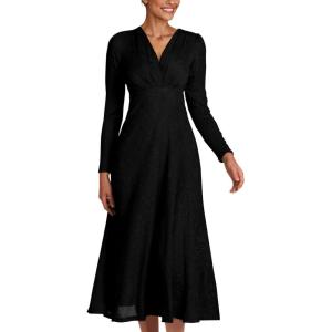 imagePRETTYGARDEN Womens 2024 Fall Midi Dress Casual Long Sleeve V Neck Cocktail Party A Line Flowy Dresses BlackSmall
