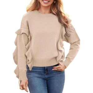 imagePRETTYGARDEN Womens 2024 Knit Pullover Sweaters Long Sleeve Crewneck Ruffle Loose Jumper Tops Blouses