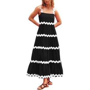 imagePRETTYGARDEN Womens 2024 Summer Maxi Sundress Spaghetti Strap Rickrack Ruffle Flowy Boho Casual Beach Vacation Long Dresses BlackLarge