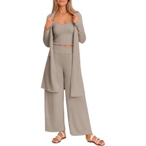 imagePRETTYGARDEN Womens Fall 3 Piece Pajamas Lounge Sets Ribbed Knit Spring Travel Vacation Outfits Cardigan Tank Tops Pants